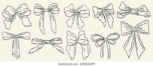 Ribbon bow set. Cute line hand drawing holiday gift elements. Coquette outline whimsical tied bows collection in vintage style. Cartoon drawn vector illustration isolated on pastel background