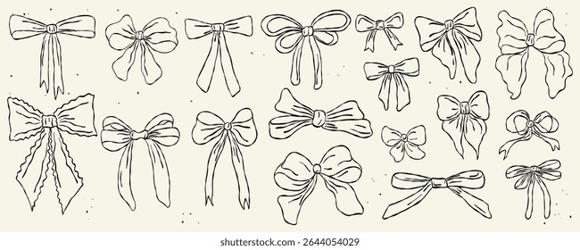 Ribbon bow set. Cute line hand drawing holiday gift elements. Coquette outline whimsical tied bows collection in vintage style. Cartoon drawn vector illustration isolated on pastel background