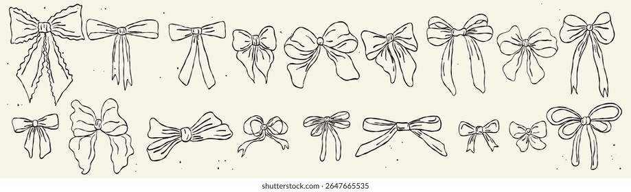 Ribbon bow set. Cute line hand drawing holiday gift elements. Coquette outline whimsical tied bows collection in vintage style. Cartoon drawn vector illustration isolated on pastel background