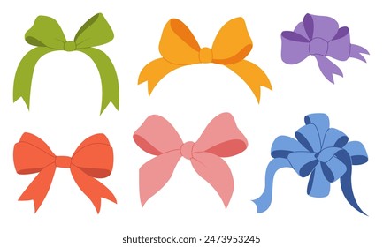 Ribbon bow set. Valentine day or wedding decorated tape bows. Cartoon elements for present, celebration and congratulation. Hand drawn trendy flat style on transparent background. Vector illustration