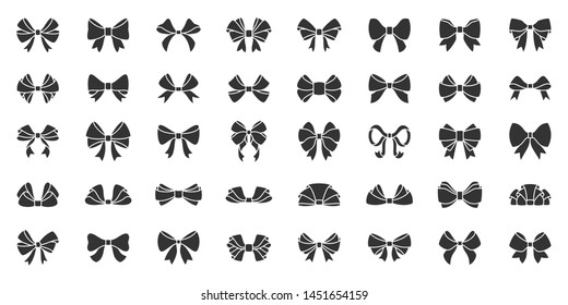 Ribbon bow silhouette icons set. Elegant tie symbol, simple shape pictogram collection. Gift, sale, xmas, birthday decor design element. Flat black sign. Isolated on icon concept vector illustration