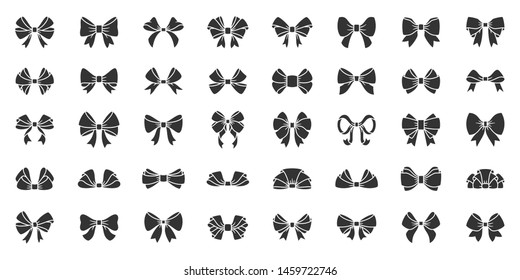 Ribbon bow silhouette icons set. Fashion tie symbol, simple shape pictogram collection. Gift, sale or holidays decor design element. Flat black sign. Isolated on white icon concept vector illustration