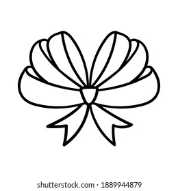 Ribbon bow. A simple contoured single design element is drawn by hand and isolated on a white background. Black white vector illustration.