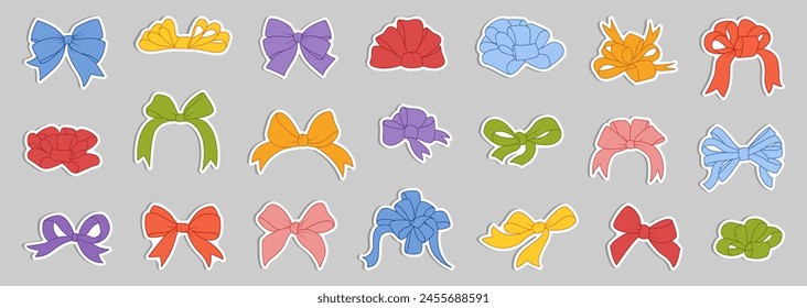 Ribbon bow sticker set. Valentine day, birthday, gift, wedding decorated tape bows. Elements for present, celebration and congratulation. Isolated on white background. Vector illustration