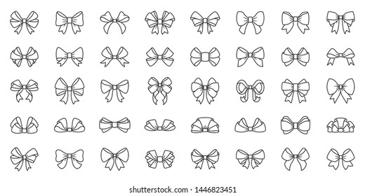 Ribbon bow thin line icon set. Gift decor collection of simple outline signs. Elegant tie symbol in linear style. Black contour flat icons design. Isolated on white concept vector Illustration