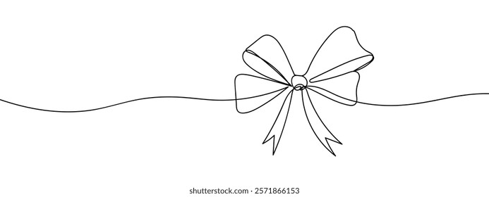 Ribbon bow tied at edge of frame, line art, vector on transparent background.