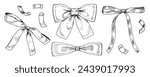 Ribbon Bow vector Set. Black line art drawing of confetti and tie. Outline illustration of vintage gift wrapping. Hand drawn clipart bundle. Linear sketch on isolated white background