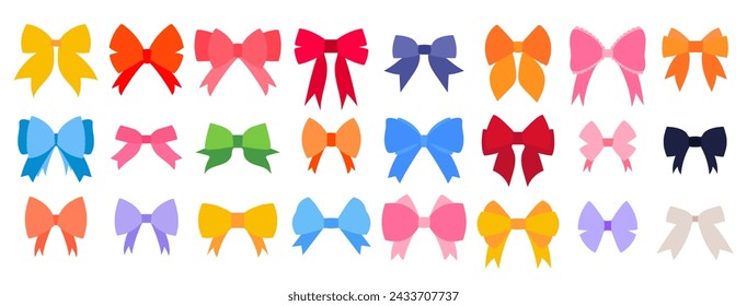 Ribbon bows. Colorful bows isolated on white background. Present bow for gift decoration. Bows from ribbons design elements. Hair bows vector illustration