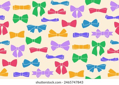 Ribbon bows colorful seamless pattern. Trendy elegant simple endless ornament bow tape for decoration celebration. Various cartoon knot gift symbol ribbon boundless background. Vector illustration