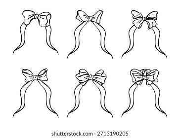 Arcos de cinta dibujados en estilo de Vector suave, extremos largos y fluidos. Ilustraciones aisladas limpias dibujadas a mano en tinta para marcar, papelería, invitaciones románticas y composiciones decorativas modernas.