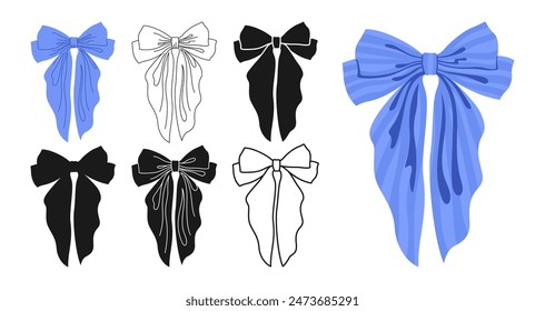 Ribbon bows hand drawn symbol set. Trendy elegant tape sign for celebrations silhouette, icon linear design. Various cartoon bow knot gift ribbon, silk hair accessory. Cute outline vector illustration