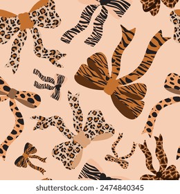 Ribbon bows with leopard, giraffe, tiger, zebra textures. Vector background for textile and packaging. 