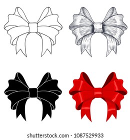 Ribbon bows. Outline image, sketch, silhouette and 3d design. Vector illustration isolated on white background