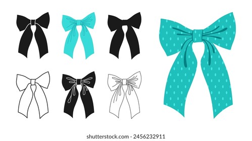 Ribbon bows romantic symbol set. Trendy festive tape sign for celebrations silhouette, icon linear design. Various cartoon bow knot gift ribbon silk accessory. Cute outline cartoon vector illustration