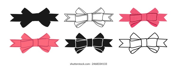 Ribbon bows romantic symbol set. Trendy elegant tape sign for celebrations silhouette, icon linear design. Various cartoon bow knot gift ribbon silk accessory. Cute outline cartoon vector illustration