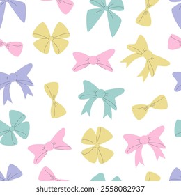 Ribbon Bows Seamless Pattern. Colourful Bows on White Background. 