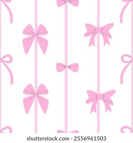 Ribbon Bows Seamless Pattern. Pink Bows on Striped Background. Coquette Romantic Wallpaper.