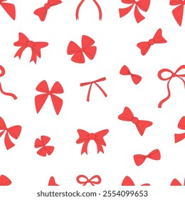 Ribbon Bows Seamless Pattern. Red Cute Bows on White Background. 