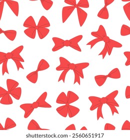 Ribbon Bows Seamless Pattern. Red Bows on White Background. 