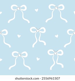 Ribbon Bows Seamless Pattern. Thin White  Bows with Hearts on Blue Background. Valentine's Day backdrop. 