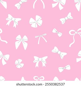 Ribbon Bows Seamless Pattern. White Ribbon Bows on Pink Background.