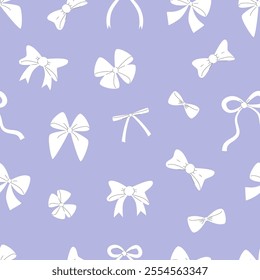 Ribbon Bows Seamless Pattern. White Bows on Lilac Background. 