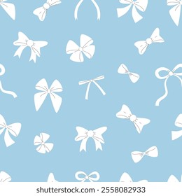 Ribbon Bows Seamless Pattern. White Bows on Blue Background. 