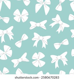 Ribbon Bows Seamless Pattern. White Bows on Green Background. 