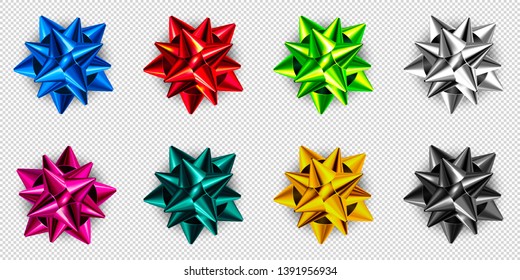 Ribbon bows set. Realistic design element. Collection of decorative blue, red, green, silver, pink, gold, and black bows. 3d vector objects isolated on transparent background. Top view. EPS10