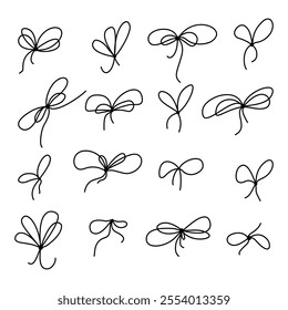 Ribbon bows set with simple line design on chalkboard background. Simple outline bowknots in a clean, hand drawn style. Vector illustration ideal for packaging and festive decoration.