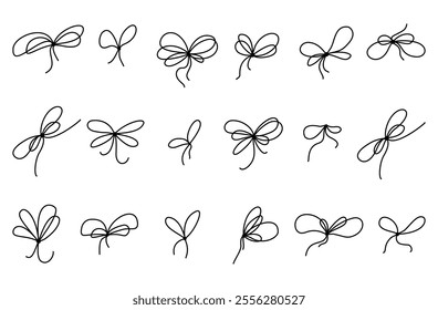 Ribbon bows set with simple line design. Simple outline bowknots in a clean, hand drawn style. Vector illustration ideal for packaging and festive decoration