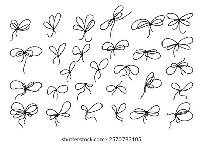 Ribbon bows set with simple line design. Simple outline bowknots in a clean, hand drawn style. Vector illustration ideal for packaging and festive decoration
