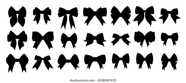 Ribbon bows silhouette. Hair bows vector illustration. Black bows isolated on white background. Bow for gift decoration. Bows design elements. 