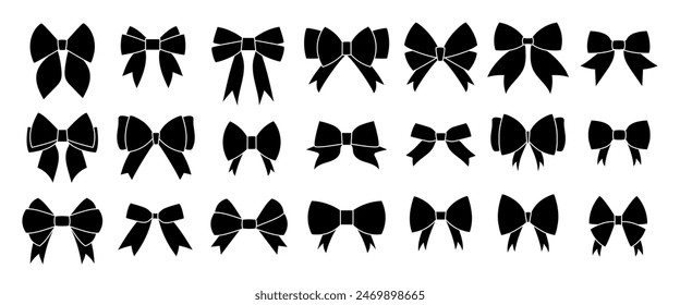 Ribbon bows silhouette. Hair bows vector illustration. Black and white bows isolated on white background. Bow for gift decoration. Bows design elements.