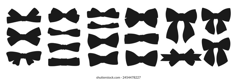 Ribbon bows silhouette set. Various shape cartoon bow knot gift tape ribbon stencil hair accessory. Trendy elegant adornment Valentines Day wedding celebration birthday decoration. Vector illustration
