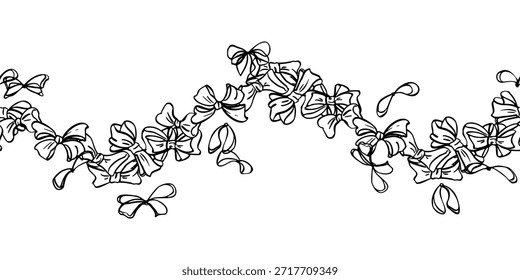 Ribbon bows with single and double loops forming elegant wavy border. Seamless banner isolated illustration. Vector hand drawn in ink. Ideal for luxury branding, invitations, boutique signage.