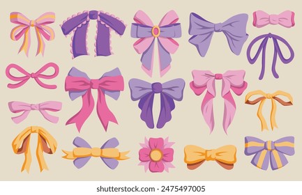 Ribbon bows vector flat illustration bundle. Collection of pastel colors bow doodles. Set of ribbon drawings for design elements.