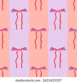 Ribbon bows vector seamless pattern. Trendy coquette bows repeat tile. Bright red bowknots on wavy striped pink lilac background. Elegant festive repeat design for wrapping paper, Valentines Day