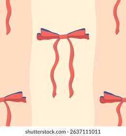 Ribbon bows vector seamless pattern. Trendy coquette repeated design. Hand drawn red thin bowknots on light wavy striped background. Elegant festive repeat tile for wrapping paper, wallpaper, fabrics