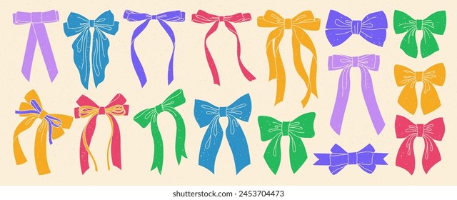 Ribbon bows vintage set with grunge effect. Trendy tape icons for celebrations Valentines Day, wedding birthday decoration. Various cartoon bow knot gift ribbon. Cute textured art vector illustration