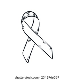 Ribbon breast cancer awareness line drawing. Hand drawn sketch vintage vector illustration