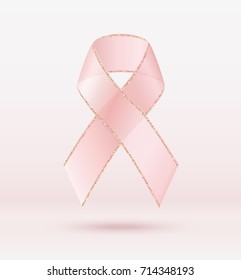 Ribbon of breast cancer awareness symbol. Vector illustration, eps10. Realistic illustration. Satin bow. Vertical banner.