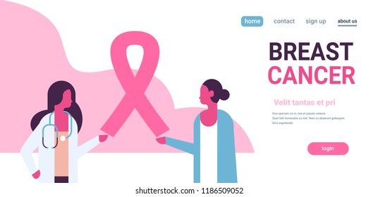 ribbon breast cancer day female doctor woman consultation concept disease awareness prevention poster women communication cartoon character horizontal copy space flat vector illustration