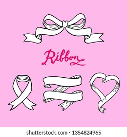 Ribbon calligraphy and hand drawn typeable ornament set with light pink background
