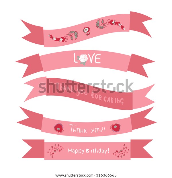 Ribbon. For cards, invitations for wedding,\
birthday. Design element. Pink color.\
Set