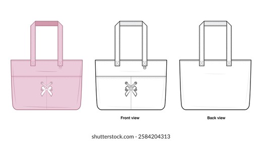 Ribbon Charm Tote Bag Technical Fashion Illustration. Shoulderbag Vector Template. Front and Back View. Chic Carryall with Bow Embellishment. Reinforced Straps. CAD Mockup set. 