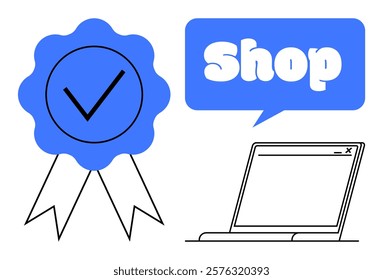 A ribbon with a check mark beside a laptop and a speech bubble with the word Shop in it. Ideal for online stores, e-commerce, retail, quality assurance, and online businesses. Simple line art style