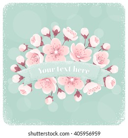 Ribbon with cherry blossom, spring flowers. Retro vector illustration. Place for your text. Design for invitation, banner, card, poster, flyer