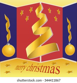 Ribbon Christmas tree and Christmas balls. Merry Christmas Card.