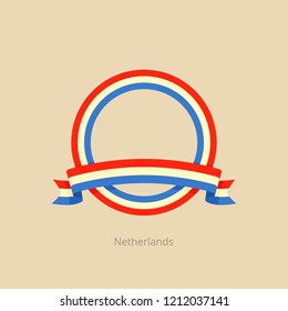 Ribbon and circle with flag of Netherlands in flat design style.